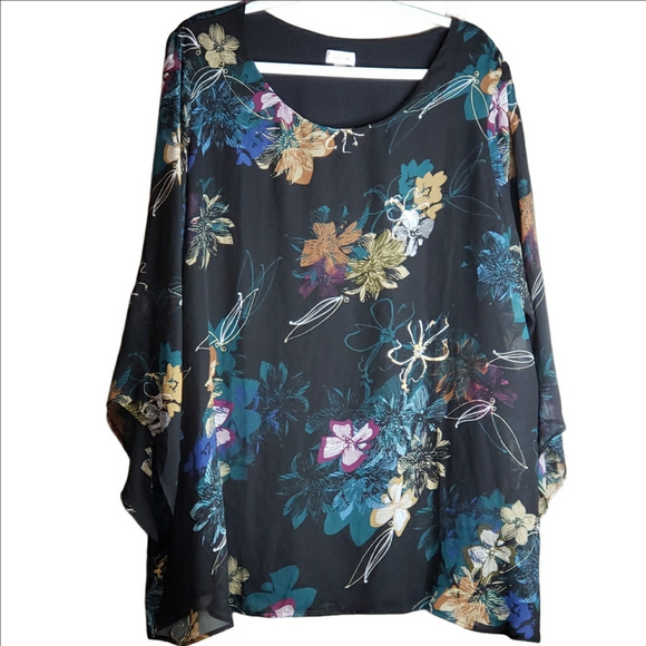 Avenue Tops - Avenue Floral Black Long Sleeve Top 22/24 Fly-Away Open Back